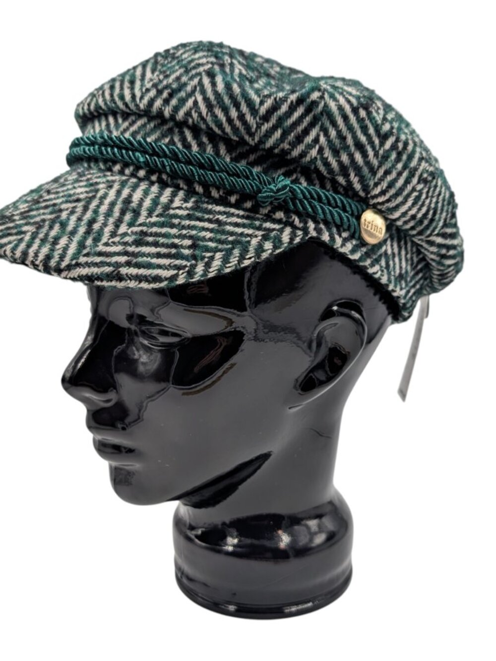 Trina Turk NWT Womens OS Teal White Herringbone Lined Newsboy Taylor Cap Hat